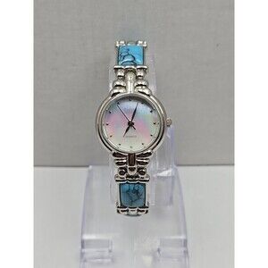 Womens Kristine Silver Tone Faux Turquoise Link Bracelet Watch New Battery Boho